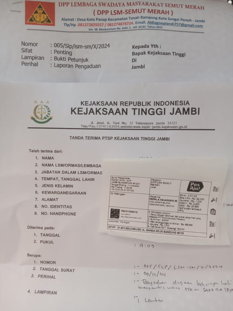 Kasus Suap Stadion Mini Kota Sungai Penuh, LSM Semut Merah Laporkan Kasi Pidsus ke Kejati Jambi