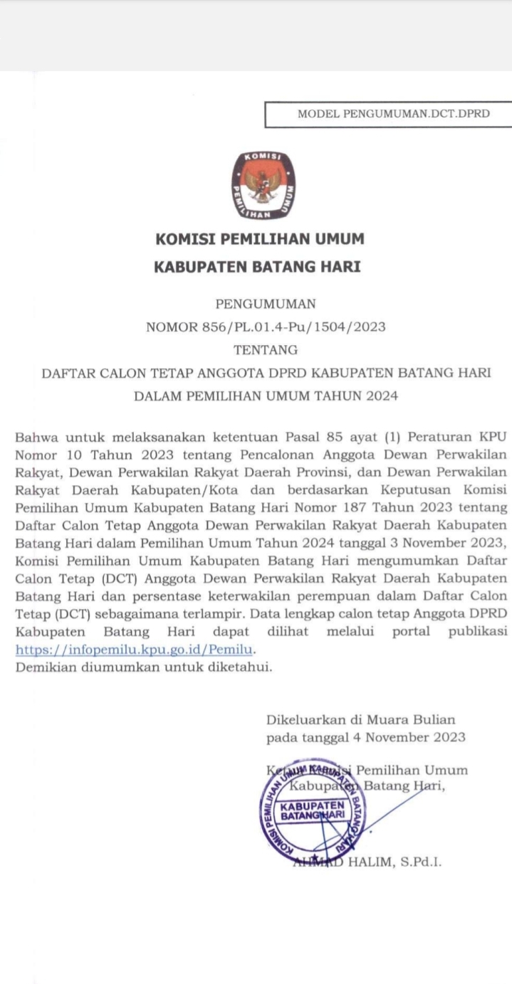 Ini Nama-nama Lengkap Caleg DPRD Kabupaten Batang Hari setelah Ditetapkan KPU